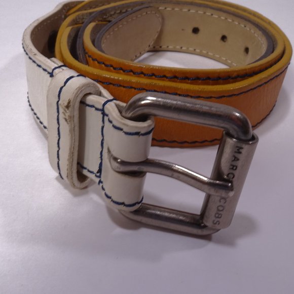Marc Jacobs Colorblock Thin Leather Belt Tan White Navy Sz S/M - Picture 9 of 15